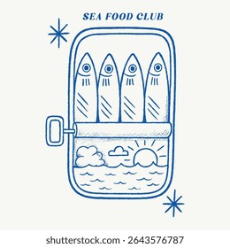 Girls' Summer Graphic Design, Sardine fish artwork, women's color hand-drawn t-shirt print. Seafood t-shirt design. Sardines love club. Canned fish artwork. Fish vintage artwork