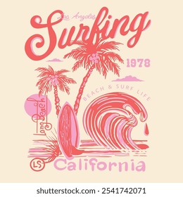 Meninas Verão Design gráfico. impressão de t-shirt desenhada à mão de cor das mulheres. longa praia na Califórnia mão escrevendo texto fonte. surfar sob as ondas grandes