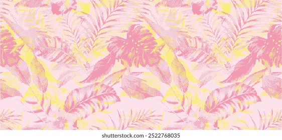 Patrones de verano para niñas. diseño de patrón de hojas tropicales de color rosa. estampado de Vector sin costuras de hibisco y hojas de verano para moda de baño. Patrón sin costuras con hojas de palmeras en Vector. estampado textil de mujer