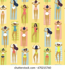 Girls sunbathe in the beach. Pattern. Summer seamless background. Summertime vector illustration. Flat design. Young women relax and have good time