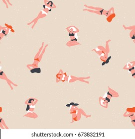 Girls sunbathing on the beach. Vacation background. Vector seamless pattern. Summer fabric design.