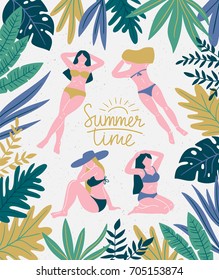 Girls sunbathing on the tropical beach. Vacation background with lettering - Summer time. Vector poster design.