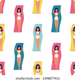 Girls sunbathing pattern. Summer time, having rest. Creative vector illustration.Sketch for wrapping paper, textile, background fill, fabric. 