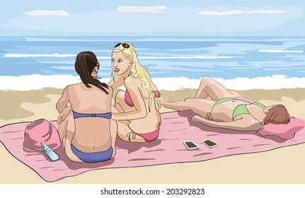 girls sunbathing at seashore - realistic vector illustration