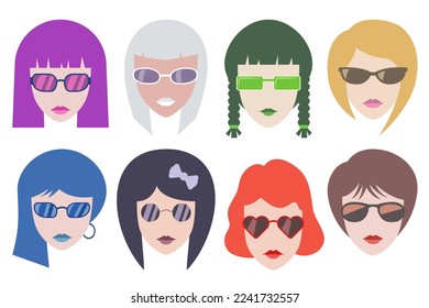 Girls in sunglasses. Hipster girls with colorful hairs and glasses. For avatar, logo, icon, web, print, media and other.