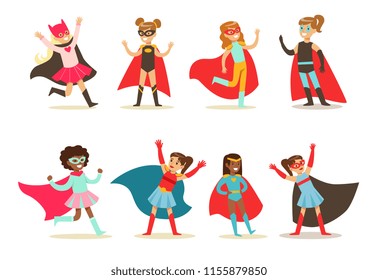 Girls in superhero costume set, pretty little super girls vector Illustrations on a white background