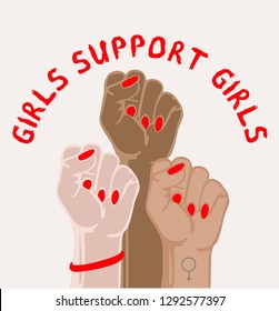 Girls support girls. 3 Woman's hands with her fist raised up. Girl Power. Feminism concept. Sticker, patch graphic design. 