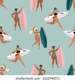 Girls with surfboards seamless pattern. Women with surfing boards. Tanned female surfer with boards. Active summer sports vector illustration. Modern poster design for web and print.