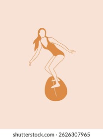 Girls surfer riding on surfboard. Isolated silhouette illustration. Ocean beach vibes lifestyle. Design element for logo, print, poster, sticker, postcard, t shirt.
