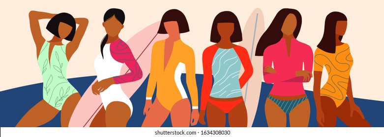 Girls surfer in a swimsuit holding a surfboard in flat style. Concept of healthy and fitness lifestyle. Girl power concept. Girl in a swimsuit. Beach and surfings design for poster, t-shirt or cards. 