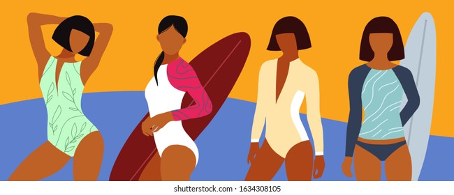 Girls surfer in a swimsuit holding a surfboard in flat style. Concept of healthy and fitness lifestyle. Girl power concept. Girl in a swimsuit. Beach and surfings design for poster, t-shirt or cards. 