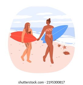 Girls surfers go for sea surfing. Women in bikini walking with surfboards along beach. Female friends with boards on seacoast on summer vacation. Flat vector illustration isolated on white