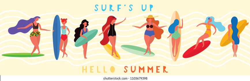 Girls surfers with the surf boards. Horizontal banner with with funny characters . Vector illustration.