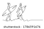 Girls with surfing boards. Surfing surfer international day banner. Black and white vector background, simple illustration. One continuous line drawing of surfer girls.