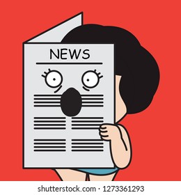 Girl's Surprised Eyes Looking For Unexpected News Updated Through Hole In Newspaper Concept Card Character illustration