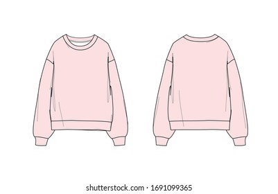 Girl's sweater design with round neck, dropped shoulder, long sleeve and cuff, pink color, flat sketch, front and back views