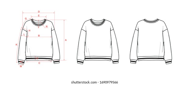 Girl's sweater, long sleeve, stripped rib, flat sketch, front and back views, with measurements