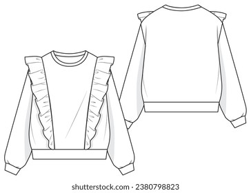 Chicas Sweatshirt con Ruffles Fashion Técnica Sketch plano Mockup Cad Design