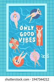 Girls swim, relax, have fun in the pool.
Invitation card summer pool party concept. Summertime vector illustration. Flat design. 