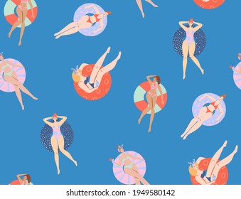 Girls swim, relax, have fun in the pool.
Invitation card summer pool party concept. Seamless Pattern. Summertime vector illustration. Flat design.