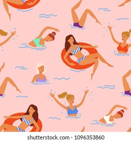 Girls swimming in the ocean seamless pattern. Summertime travel fun illustration in vector.