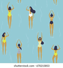 Girls swimming pattern. Summer seamless background. Summertime vector illustration. Flat design. Young women swimming and have good time. 