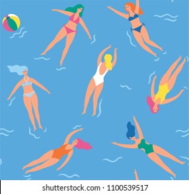 Girls swimming in the sea. Seamless pattern, vector illustration.