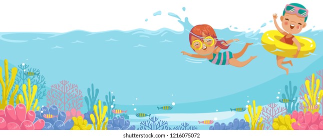 Girls swimming. Swimmers leisure activities in the sea. Underwater view on the water of the underwater coral. Billboard or branner design  for web pages, Business of tourism publications, traveling.
