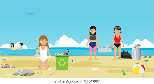 Girls in swimsuit are helping to collect garbage on the beach.