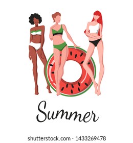 Girls in a swimsuit with an inflatable ring. Brush lettering composition of Summer. Cute vector illustration in flat style.