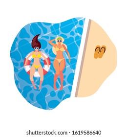 Girls With Swimsuit And Lifeguard Float In Pool Vector Illustration Design