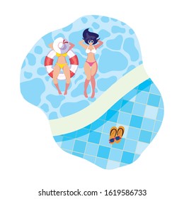 Girls With Swimsuit And Lifeguard Float In Pool Vector Illustration Design