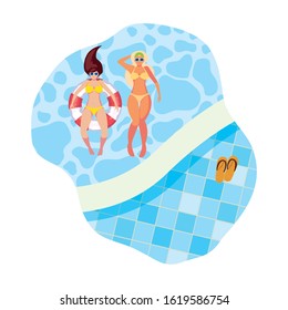 Girls With Swimsuit And Lifeguard Float In Pool Vector Illustration Design