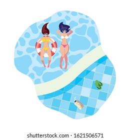 Girls With Swimsuit And Lifeguard Float In Pool Vector Illustration Design