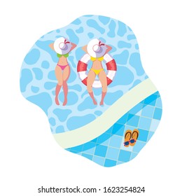 Girls With Swimsuit And Lifeguard Float In Pool Vector Illustration Design