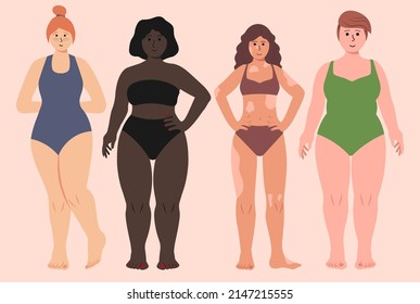 Girls In Swimsuites With Black Skin, Ginger Hair, Vitiligo, Plus Size Shapes Vector Illustration In Flat Style