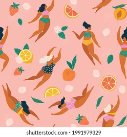 Girls in swimsuits diving and swimming in refreshing fruit lemonade with ice cubes seamless pattern.