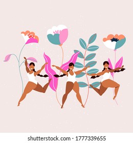 Girls in swimsuits and giant flowers. Happy girls. Body positive. Love your body. Different ethnicity and skin colour women characters. Ladies smiling and dancing among flowers.