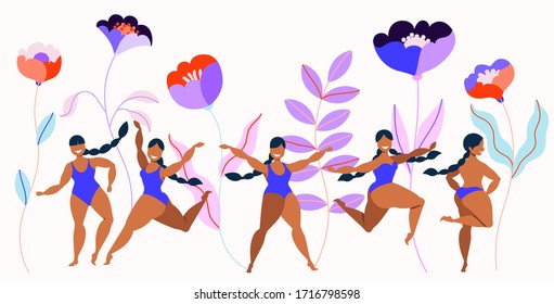 Girls in swimsuits and giant flowers. Spring, summer garden flowers and women characters.Modern hand-drawn vector illustrated banner design. Isolated object group. Female beauty and ECO life concept.