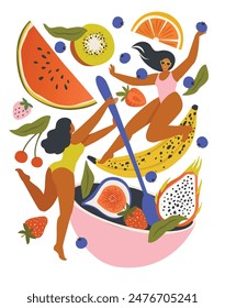 Girls in swimsuits making fruit salad, Fresh summer vibes. Salad ingredients falling into a salad bowl. Falling characters women with fruits. Flat design