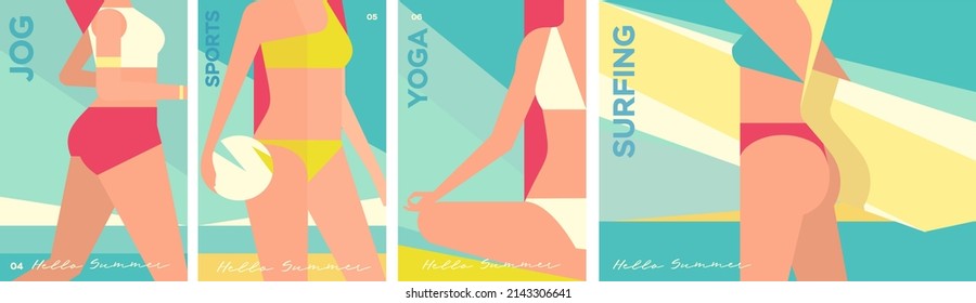 Girls in swimsuits on the beach. Jogging, activity, yoga, surfing. Set of vector illustrations. Beautiful summer beach. Holiday card. Summer vacation.
