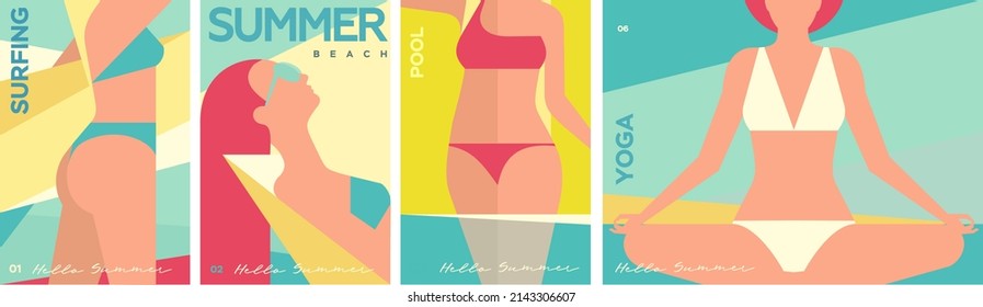 Chicas con traje de baño en la playa. Piscina, actividades, yoga, surf. Conjunto de ilustraciones vectoriales. Tarjeta de vacaciones. Vacaciones de verano.