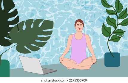 Girls in swimsuits on the beach. Yoga. Pool, activity, yoga, surfing. Vector illustration. Holiday card. Summer vacation.