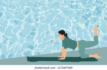 Girls in swimsuits on the beach. Yoga. Pool, activity, yoga, surfing. Vector illustration. Holiday card. Summer vacation.