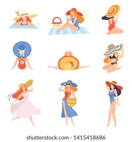 Girls in Swimwear and Hats Sunbathing on Beach, Back View, Beautiful Young Woman Enjoying Summer Vacation on Seashore Vector Illustration