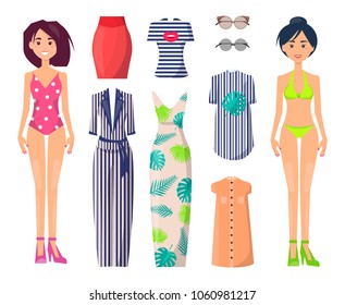 Girls in swimwear with spare stylish summer clothes set. Female characters with casual and elegant clothes. Girls in swimsuits vector illustrations.