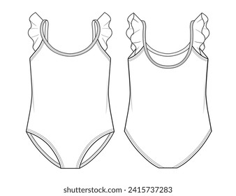 Girls Swimwear Swimsuit Fashion Technical Flat Sketch Mock up Cad Design