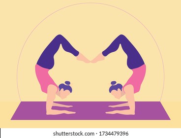 Girls in synchronous Yoga poses. Twins. Stretching, body plastic. Harmony of soul and body, relaxation and meditation. Insight. Occupation at home or in the hall, on the Mat. Around the house plants. 