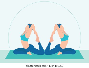 Girls in synchronous Yoga poses. Twins. Stretching, body plastic. Harmony of soul and body, relaxation and meditation. Insight. Occupation at home or in the hall, on the Mat. Around the house plants. 