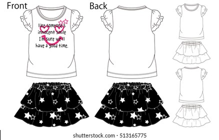 Girls T shirt and skirt designs . Front and back views